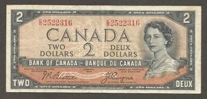 Canada 2 Dollars 1954; VF; P-67b; C-BC30b; sign. Beattie/Coyne; Devil's hair  - Picture 1 of 2