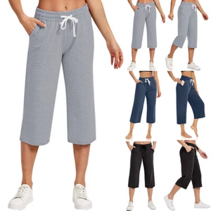 Women Capri Pants Casual Loose Joggers Wide Leg Crop Drawstring Yoga Sweatpants# - Picture 1 of 16