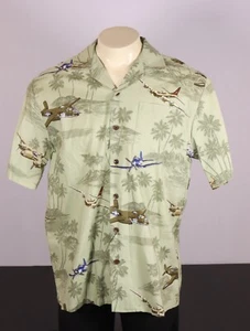 KALAHEO Men’s Medium Aloha Shirt -Light Green World War II Vintage Planes Print - Picture 1 of 8