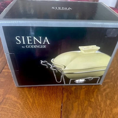 GODINGER SILVER ART 1 QT PORCELAIN COVERED GREEN BAKER W/ CROME WARMER STAND NIB - Image 1 of 4