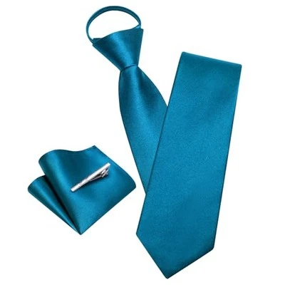  Zipper Ties for Men Solid Pre-Tied Tie with Tie Clip Extra Long Teal - Image 1 of 4