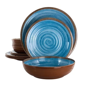 Lightweight Dinnerware Set, 12 Piece, Blue and Brown - Picture 1 of 9