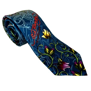Ed Hardy by Christian Audigier Designer Necktie Mens Blue Skulls And Roses Silk - Picture 1 of 8
