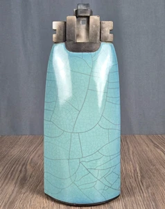 Davis Vachon pottery vase, vessel lidded jar Raku blue crackle glaze, 11.75" - Picture 1 of 13