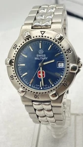 Vintage SWISS MILITARY Silver Tone MENS DATE WATCH FREE SHIPPING Works Great - Picture 1 of 24