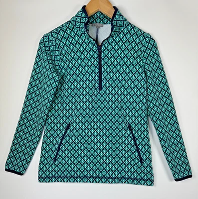 T by Talbots Petite Womens Long Sleeve Half Zip Pullover Navy Teal Geometric - Image 1 of 4
