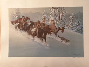Del Nichols Print "The EDGE Of SILENCE" LE # 141/950 ( Indians on Horses/Wolf ) - Picture 1 of 6