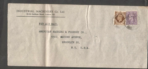 England April 27 1944 WWII no censor cover Industrial Machinery Co London to NY Cover