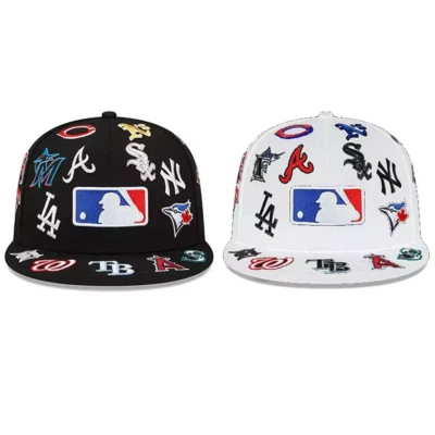 NEW 2024 MLB Teams Patch Logos All-Over Black/White 59FlFTY Fitted Cap-5950 Hat
