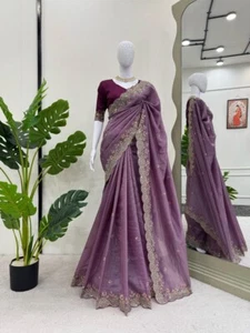 Sari de lavanda de seda crujiente estilo indio con blusa para boda y fiesta - Imagen 1 de 10