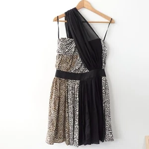 Reiss Cocktail Dress 10 Small Black Silk Asymmetric Drape Leopard Party Mini - Picture 1 of 15