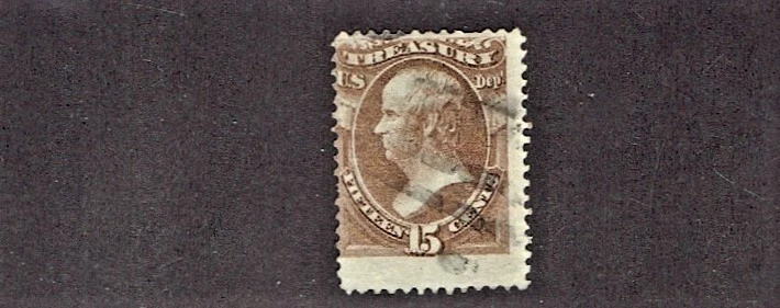 1873 U.S. CLASSIC Official TREASURY 15c Brn WEBSTER Sc#O79 Used  Wide Margin - Image 1 of 1