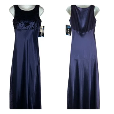 All That Jazz VTG Maxi Dress Midnight Blue Satin Velour Sleeveless Dress 3/4 NOS - Image 1 of 4