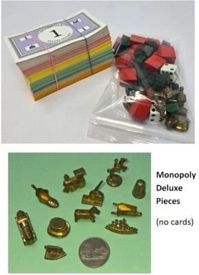 Piezas de juego Monopoly Deluxe 11 fichas tono dorado dinero madera hoteles casas+ Foto 1 de 4