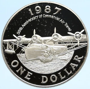 1987 BERMUDA Elizabeth II SEAPLANE - AVAIATION Proof Silver 1 Dollar Coin i98794 - Picture 1 of 3