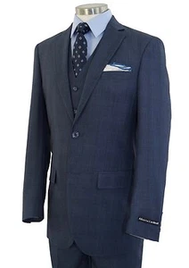 Men's Cool Blue Glen Plaid 3pc 2 Button Slim-Fit Suit w/ Matching Vest NEW - Picture 1 of 6