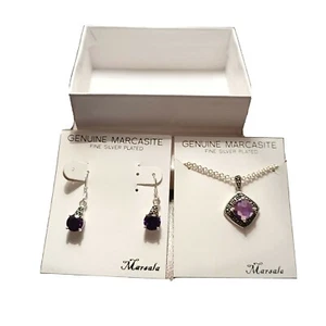 Genuine Marcasite Silver Plated Purple Stone Earings With Matching Necklace 18" - Picture 1 of 12