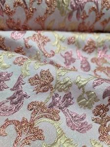 PINK GOLD Floral Brocade Fabric Sold By The Yard Metallic Textured Pattern Rose - Picture 1 of 4