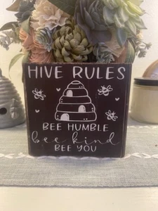 FARMHOUSE,HOME DECOR,HANDPAINTED,RUSTIC - HIVE RULES BEE HUMBLE BEE KIND - SIGN - Picture 1 of 3