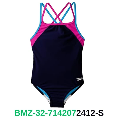 Traje de baño Speedo para niña de una pieza liso espalda cruzada múltiples correas azul marino, talla 8 Foto 1 de 4