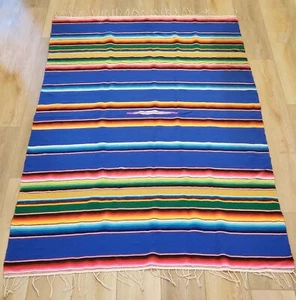 Vintage Mexican Wool Blend Saltillo Serape Blanket Multicolor Stripes & Fringe - Picture 1 of 4