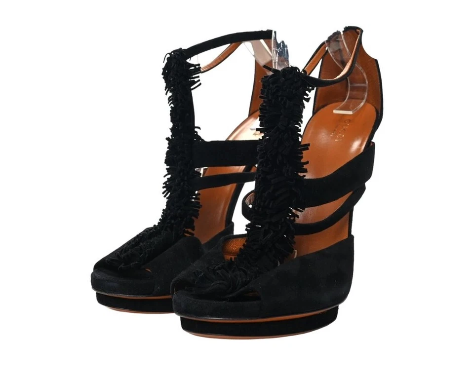 Gucci Womens Black Suede Fringe Wrapped Heel Youma Platform Sandals Size US 10.5 - Image 1 of 4