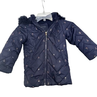 Chaqueta de invierno Nautica para niñas pequeñas azul marino dorado estampado de ancla capucha piel sintética 3T Foto 1 de 4