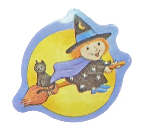 Hallmark PIN Halloween Vintage WITCH BLACK CAT Flying BROOM TIN 1990s Brooch - Picture 1 of 2