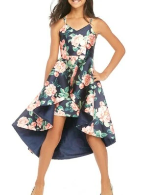 Tween Diva Big Girls Navy To Coral Floral Hi-Lo Lace Back Fanciful Dress-Size-16 - Image 1 of 4
