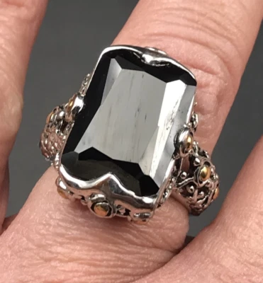 Anillo Vintage Ónix Negro Corte Esmeralda Tono Plata Talla 7.5 Foto 1 de 4