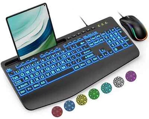 Wired Keyboard and Mouse, Large Print Backlit Keyboard with Wrist Rest and 7-... - Afbeelding 1 van 1