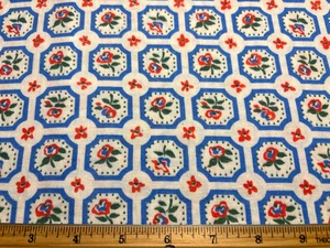 Vintage Cotton 1940s Feedsack Fabric Red Roses Blue Frames 1/2 Sack - Picture 1 of 2