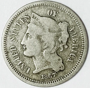 1867 3c Three Cent Nickel US Coin Rare - Picture 1 of 2