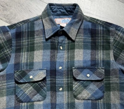 Vintage 80’s Wild River Blue Gray Plaid Mens Medium Wool Blend Button Up Flannel - Image 1 of 4