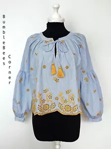Zara Bluse Top BLUMENSTICKEREI gestreift voluminös ärmel XS Shirt neu mit Etikett 0881/076 - Bild 1 von 20