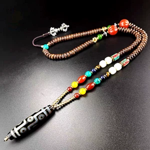 Nature Tibet Dzi Bead Pendant 9 Eyes Amulet Inlay Silver Thread Necklace Gemston - Picture 1 of 11