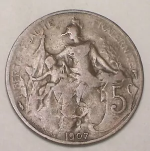 1907 France French 5 Centimes Republic Coin F - Picture 1 of 2