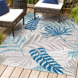 Tropics Palm Leaves Area Rug 8 ft. x 10 ft. Gray/Blue Indoor/Outdoor - Picture 1 of 12
