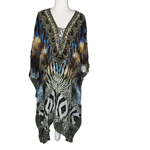 Silk Islands Black Blue Tones Sequins Long Tie Front Kaftan NEW with Tags - Picture 1 of 6