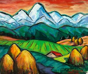 Haystacks & Snowy Mountain Peaks Landscape  Oil Painting-1950s-Maxim Bugzester