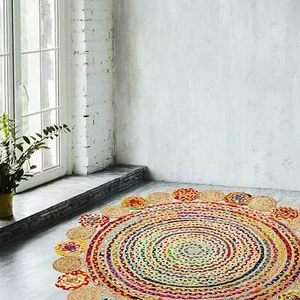 Rug 100% Natural Jute & Cotton handmade round carpet reversible living area rug - Picture 1 of 7