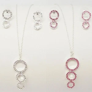 DESIGNER INSPIRED CLEAR PINK CRYSTAL SILVER ROPE NECKLACE EARRING JEWELRY SET - Picture 1 of 4