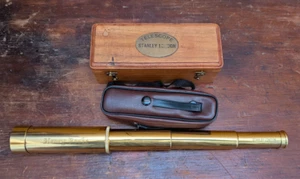 VTG Stanley London Brass Telescope 13" in Wood Box and Carry Case - Engraved - Photo 1/15