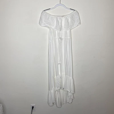 Aqua White Off-Shoulder Flowy Boho Dress Tiered Ruffle Empire Tie Waist Maxi Med - Image 1 of 4