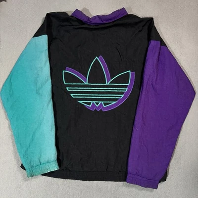Adidas Vtg 3 полоски неоновый синий фиолетовый ветровка полный молнии Track Куртка Пальто XL - Изображение 1 из 4