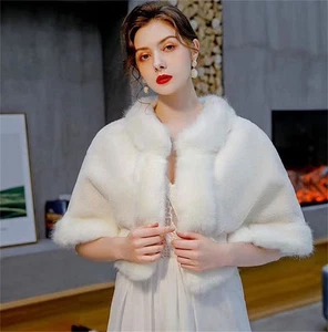 Women White Bride Wedding Dress Party Faux Fur Warm Shawl Wrap Scarf Stole Cape - Picture 1 of 5