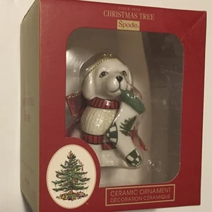 NUEVO SPODE Adorno de Cerámica Cachorro Perro Navidad Tema Sombrero Sosteniendo Regalo - Imagen 1 de 8