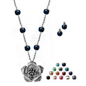 Colgante Flor Dije Collar Largo con Perlas, ELECCIÓN DE COLOR, Pendientes Opcionales - Imagen 1 de 21