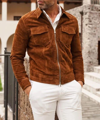 Luxury Men's Dark Tan Lamsbkin Suede Jacket 100% Soft Stylish Causal Outwear - Image 1 of 4