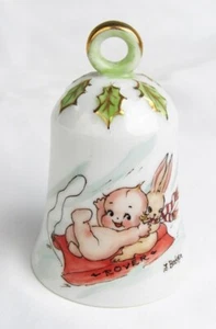 Handbemalte Rose O'Neill Kewpie & Hase auf Schlitten F. Baker Porzellan Glocke - Bild 1 von 6